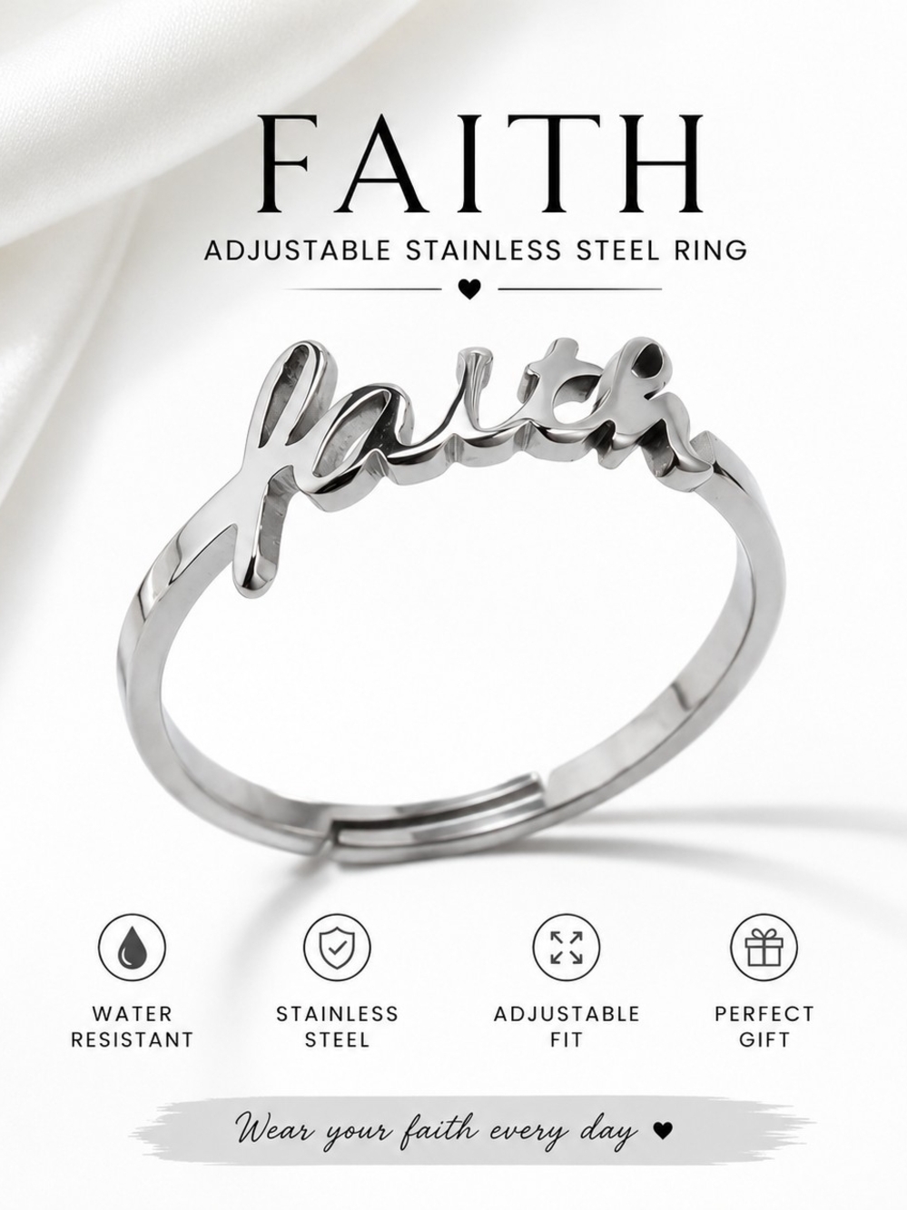🩶✨ FAITH Adjustable Ring | Stainless Steel Inspirational Ring | Silver